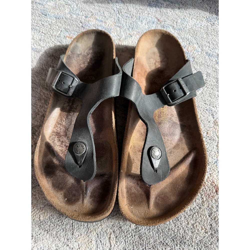 Birkenstock Gizeh Black Leather Thong Sandals Womens 41 Regular Wide Cork Sole
